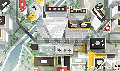 Top, aerial or bird s eye view of city with buildings of modern architecture, skyscrapers, streets, river and bridge Vector Illustration