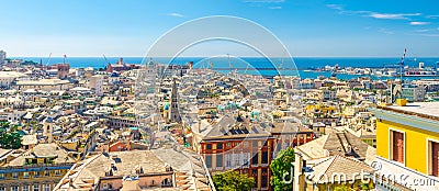 Top aerial scenic panoramic view from above of old historical centre quarter districts, panorama of european city Genoa Genova Stock Photo
