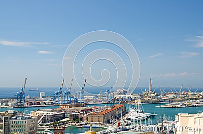 Top aerial scenic panoramic view of old Port with Lighthouse La Lanterna di Genova Stock Photo