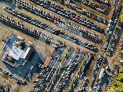 Aerial view of auto auction many used car lot parked distributed in a parking Stock Photo