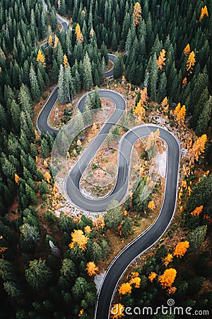 Top aerial view of famous Snake road near Passo Giau in Dolomite Alps Stock Photo