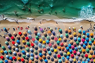 Top Aerial view of a sandy beach line full of bathers and people and colorful umbrellas illustration generative ai Cartoon Illustration