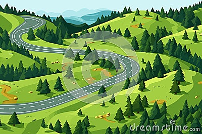 Top aerial view of summer mountains with road serpent isolated vector style illustration Vector Illustration