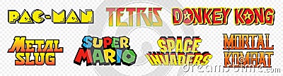Top Arcade Games Logo, Pac Man, Tetris, Donkey Kong, Metal Slug, Super Mario, Space Invaders, Mortal Kombat, Vector editorial Vector Illustration
