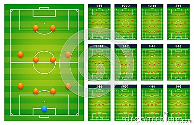 Top best popular football soccer green fields tactic table for coach players, match set concept. Planning upcoming schemes game. Vector Illustration