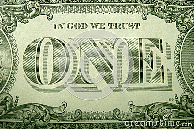 IN GOD WE TRUST and ONE ornately framed by decorative elements from the US dollar. Stock Photo