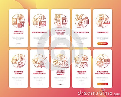 Top business consulting service onboarding mobile app page screen with concepts set Vector Illustration