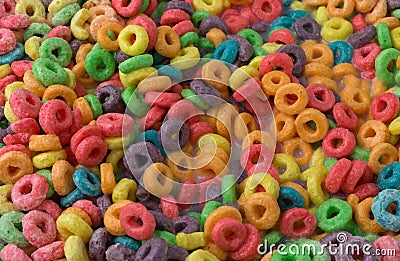 Close view of sugar coated fruity flavored cereal with milk Stock Photo
