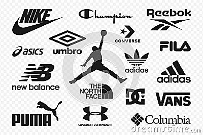 Top clothing brands logos. Set of most popular logo - NIKE, Adidas, Reebok, Puma, New Balance, Under Armour, The North Face,Jordan Vector Illustration