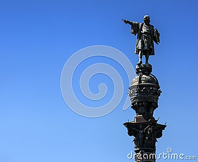 Top of the Columbus Monument Mirador de Colom in Barcelona, Catalonia, Spain. Bronze statue by Rafael Atche. Stock Photo