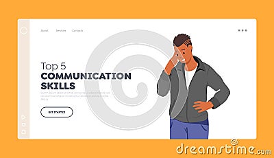 Top 5 Communication Skills Landing Page Template. Doubtful Man Think, Solve Complicated Task or Choose Right Decision Vector Illustration