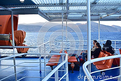 The top deck of a Greek passenger ferry sailing through the Aegean sea. Editorial Stock Photo