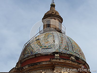 Top of the dome of colored ceramics of the Carmine Maggiore church to Palermo in Sicily, Italy. Editorial Stock Photo