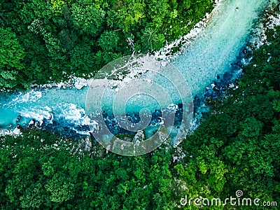 Top down aerial birds eye view over Soca river, Slovenia Stock Photo