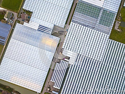 Top down Aerial view of huge Greenhouse horticulture area Stock Photo