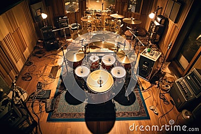 top-down angle of a custom drum set in a studio Stock Photo