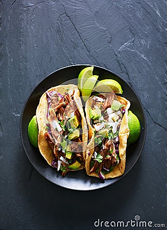 Top down phot of two mexican carnitas tacos on place in flat lay composition Stock Photo