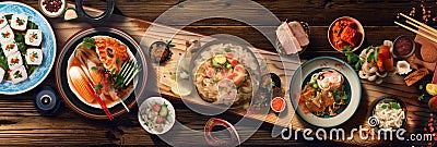 A top-down photo of diverse Japanese cuisine. Generative AI Stock Photo