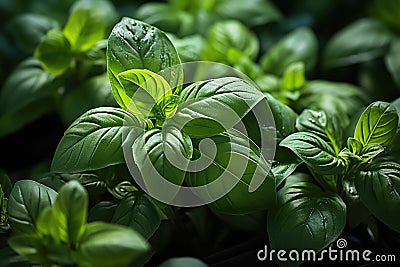 Top-down picture of Genovese basil plants. Basil (Ocimum basilicum) Stock Photo