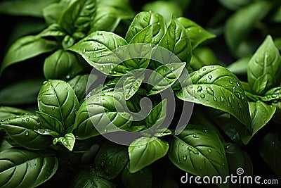 Top-down picture of Genovese basil plants. Basil (Ocimum basilicum) Stock Photo