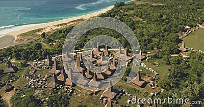 Top down of sea shore traditional village, tourist landmark. Aerial view of designed roofs houses Stock Photo