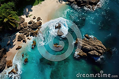 Top down seashore with palm trees, beach with rocks Stock Photo