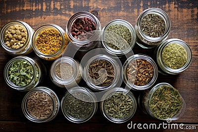 top down shot of an assortment of dried herbal tea in jars Stock Photo