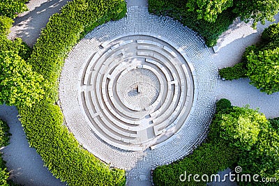 Top down view of an ancient maze with intricate stone patterns, evoking a mysterious, adventurous vibe, Generated AI Stock Photo