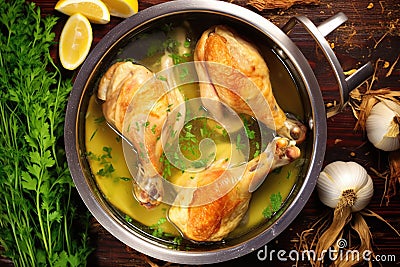 top-down view of chicken legs in a saucepan, bubbling with hot garlic butter Stock Photo