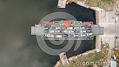 Top down view of ferryboat. Ferryboat transferring cars. Ferry transfers cars and passengers to the other side Stock Photo