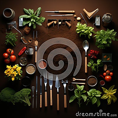 Top down view Gardening tools on fertile soil texture, illustrating spring planting concept Stock Photo