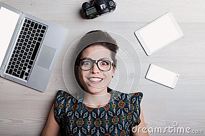 Top-down view, glasses-wearing professional Stock Photo