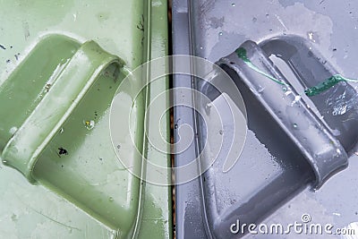 Top down view of household blue and green waste bins. Stock Photo