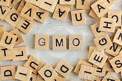 Top down view, pile of square wooden blocks with letters GMO stands for Genetically Modified Organism on white board Stock Photo