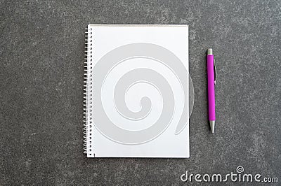Top down view of pink pen placed next to an empty notebook which has place for copy space Stock Photo