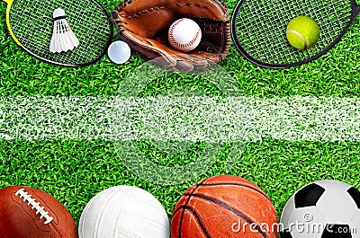 Sports Equipment on Field With Painted Marking on Grass Stock Photo