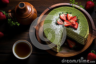 Top down view of a sliced matcha cake with layers of cream, strawberries, and green tea powder. Cartoon Illustration