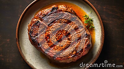 Top down view of sliced steak ribeye, grilled with spices served on plate. Gourmet food. Generative AI Stock Photo