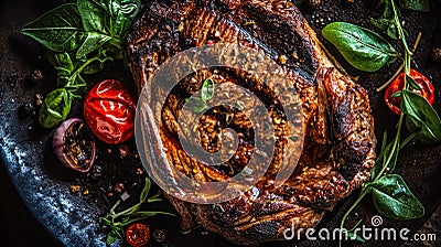 Top down view of sliced steak ribeye, grilled with spices served on plate. Gourmet food. Generative AI Stock Photo
