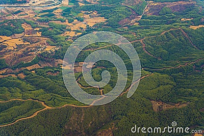 Top-down view of Taurus Mountains, Turkey. Green lush forest landscape with winding paths. Horizontal outdoor birdseye Stock Photo