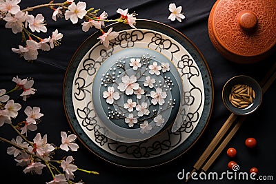 Top down view of a traditional Japanese wagashi dessert - sakuramochi. Cartoon Illustration