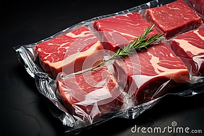 Top down view of vacuum packed meat cuts on a black background Stock Photo