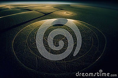 Drone view of crop circles at night Cartoon Illustration