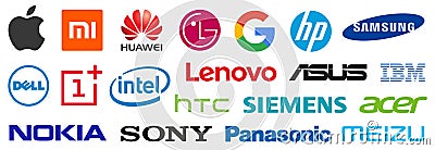 Top electronic companies logo. World`s leading computer brands. Apple, Xiaomi, Samsung, Huawei, HP, LG, Sony, Lenovo, Google, HTC Vector Illustration