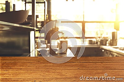 Top of empty of wood table with Blur Interior and decoration of a Modern loftBar and coffee. Stock Photo