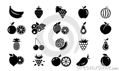 Top 20 fresh fruits vector illustration in black. Set of summer fruits EPS 10. Healthy vegan food. Diet vitamin Vector Illustration