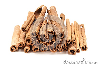 Top front Pile of Raw Organic Cinnamon sticks (Cinnamomum verum). Stock Photo