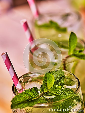 Top of glasses with straw mohito . Stock Photo