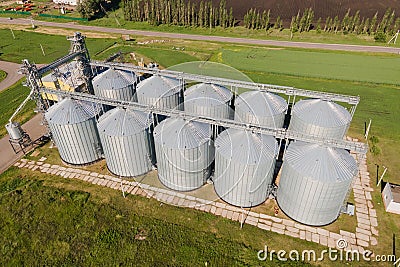 Top of grain elevators. Modern silver granaries for grain storing and processing Stock Photo