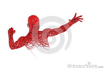 Top head torso arms hands body blood red veins, arteries, aorta knit tangled movement posture fist on white background. Stock Photo